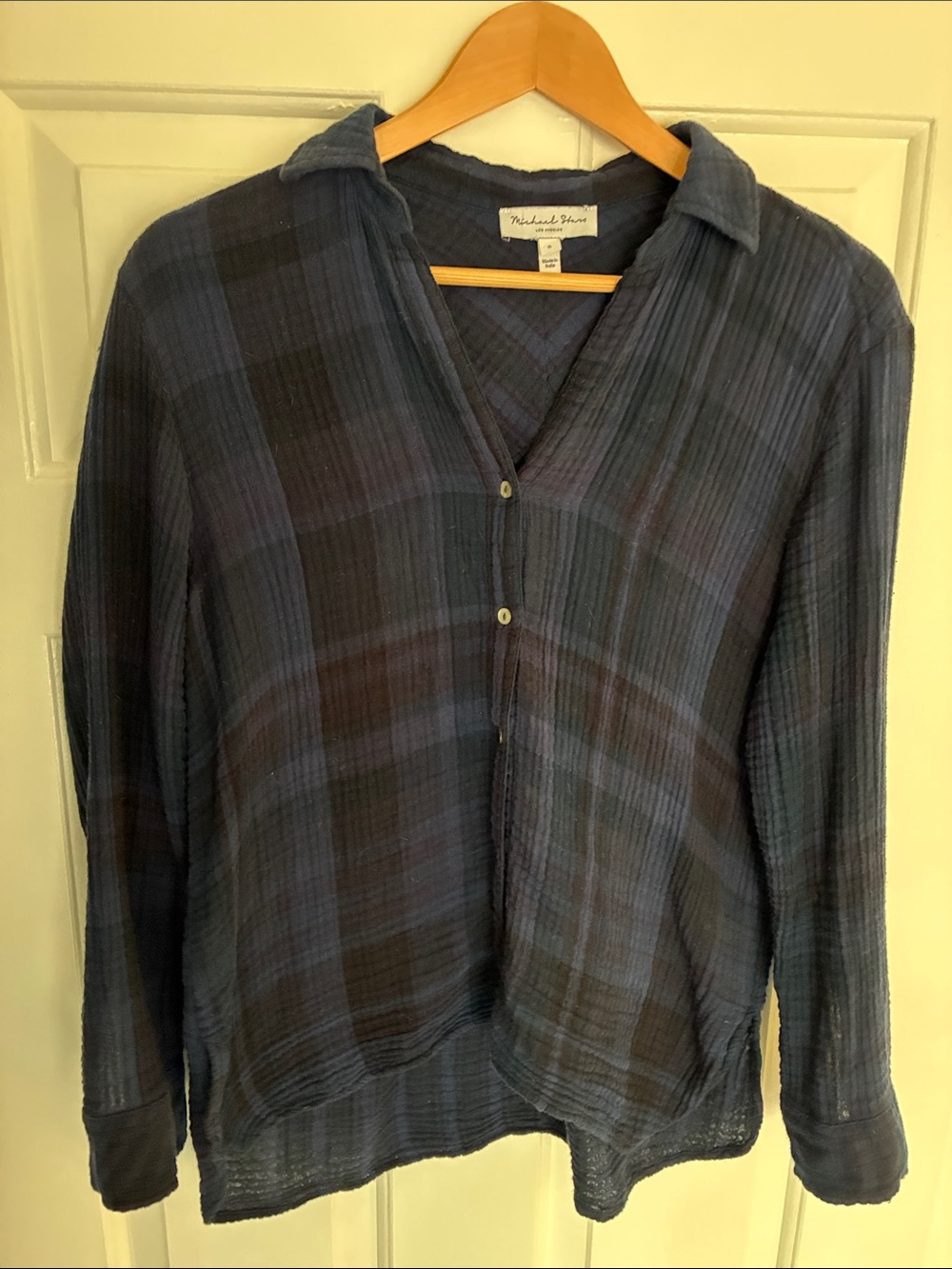 Michael Stars Cotton Gauze Navy Blue Plaid Shirt, Size Small